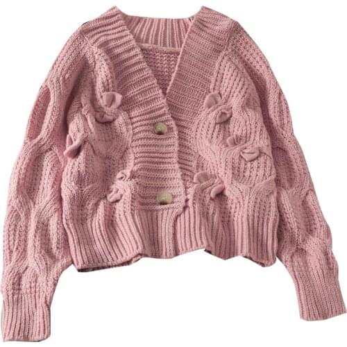 Autumn new style three-dimensional bow low collar long sleeve loose two button cardigan knitted sweater women