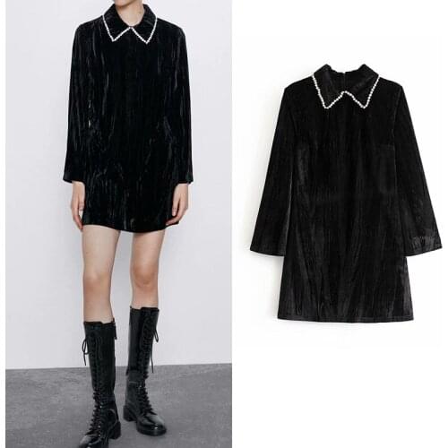 Women casual vintage vestidos velvet diamonds turn down collar black dress women high waist vestidos de fiesta de noche elegant