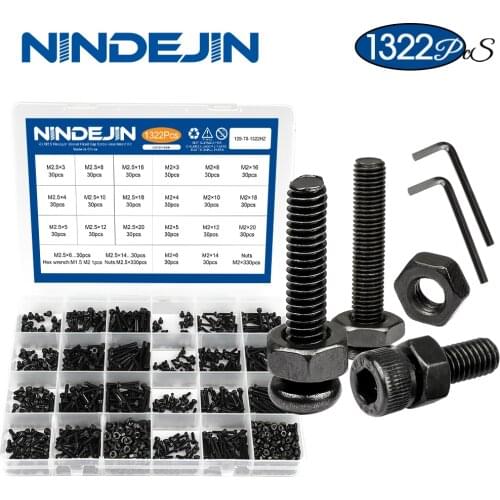 NINDEJIN 1322pcs/set hex hexagon socket head cap screw nut kit carbon steel m2 m2.5 small round flat head screw set bolt and nut