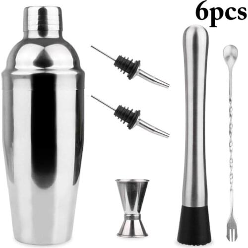 6PCS Steel Cocktail Shaker Mixer Wine Martini Boston Shaker For Bartender Drink Party Bar Tools 750ML Mixing spoon Bottle pourer