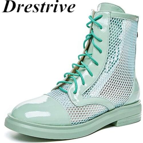 Drestrive Womens Ankle Boots Patent Leather Mesh Cross Tied Low Heels 2020 Summer Girls Casual Shoes Round Toe Black Zipper