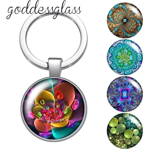 Beauty Colorful patterns Round glass cabochon keychain Bag Car key chain Ring Holder Charms keychains for gift