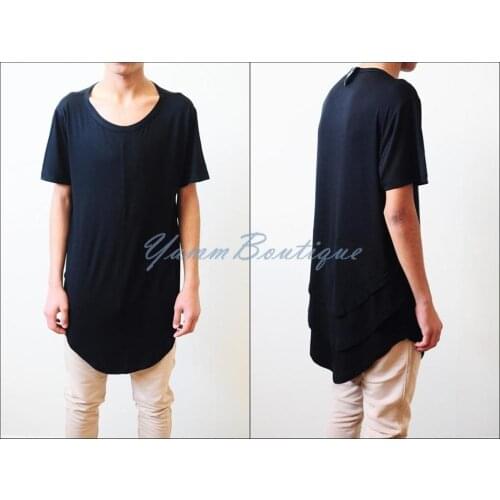 Black Distressed Scoop Wide Neck Short Sleeve Extended Folded Back Tshirt --- Relaxed fit / Long Fitted