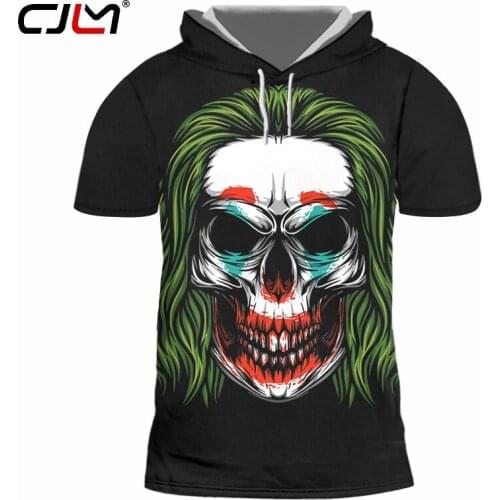 CJLM Mens Novel Hooded Tshirt 3D Printed Clown Skull Horror Tee Shirt Handsome Hip Hop Man Gothic Glitter T-shirt