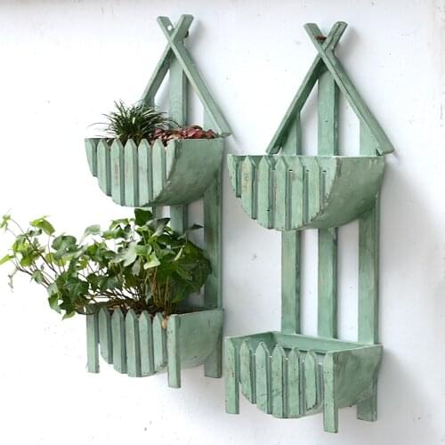 Antique Green Fence Design Two Layers Wooden Wall Flower Pot European Home Garden Decor Footed Hanging Wood Flower Plant Basket