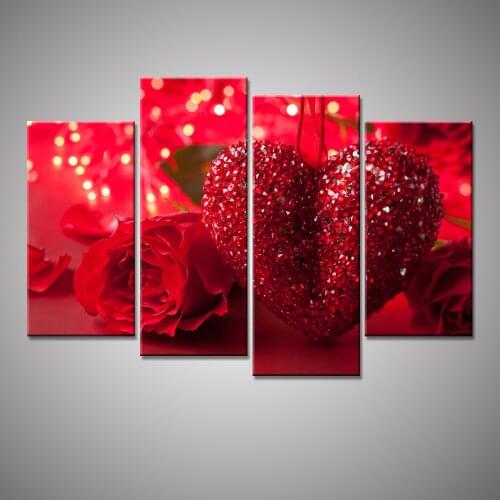 Drop-shipping Unframed Canvas Painting Rose Oil Picture Flower Red Loving Heart Home Decor Modern Wall Art on Canvas 4 Pieces