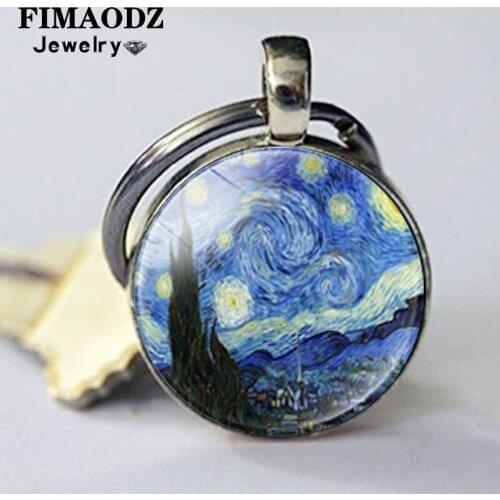 FIMAODZ Van Gogh Oil Painting Keychain Starry Night Sunflower Art Picutre Glass Dome Alloy Key Chain for Men Women Gift