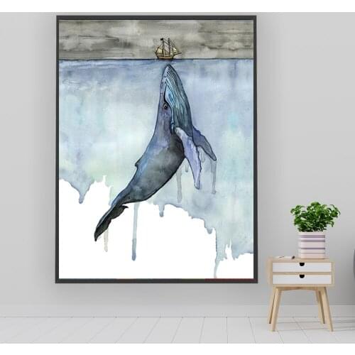 Cartoon Blue Whale Beautiful Modern Porch Background Decoration Painting Canvas Print Poster Art Wall Pictures Home Unstretched