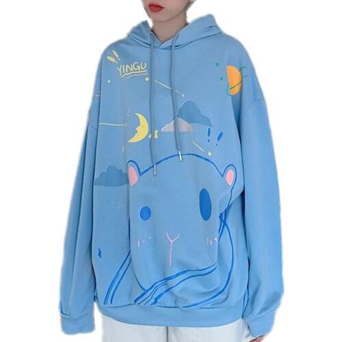 2021 Autumn Harajuku Oversized Hoodie Cartoon Cat Printed Hooded Sweatshirt Sweet Women Casual Loose Pullover Top Kawaii Clothes