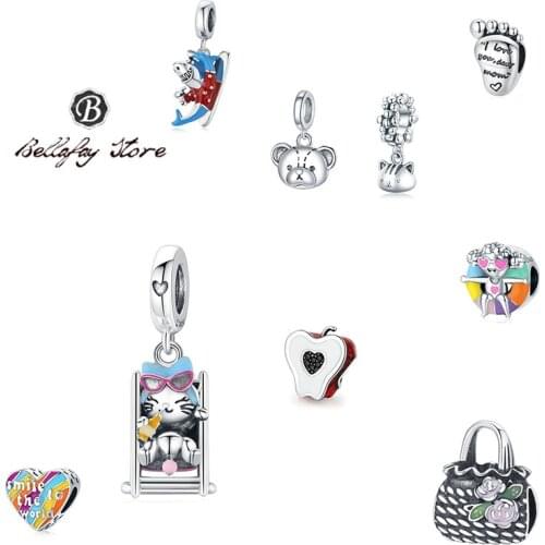 Bellafay Customed Real 925 Sterling Silver Bag Cat Apple Charm Cat Pendant Fits Original Bracelet Bangles Women Jewelry DIY Gift