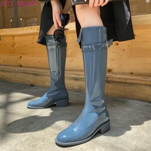 Fashion Patent Leather Motorcycle Boots Low Heel Women Boots Spring Autumn Knee High Boots Buckle Winter Woman Shoes Black Blue