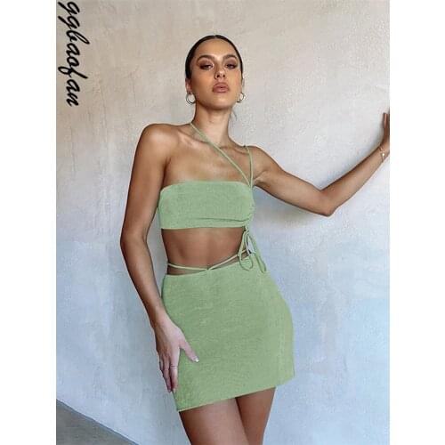 Ggbaofan Sexy Drawstring Ruched Bandage Skirt Sets Fashion Outfits Club Party Lace Up Top And Skirts Matching Set Summer