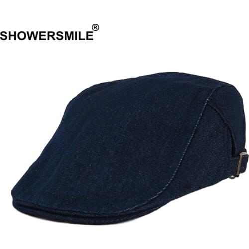 SHOWERSMILE Visors Denim Flat Cap British Berets Cap for Women Men Adjustable Ivy Newsboy Brand Vintage Solid Blue Painter Hat