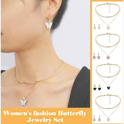 Sweet and lovely butterfly necklace chain womens set shining crystal Chain Necklace Fashion Jewelry Wedding Gift 2021