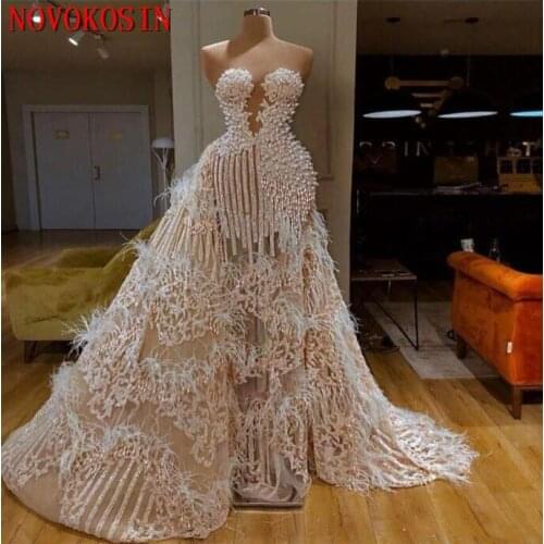 Splendid Evening Dress With Detachable Train Sweetheart Major Beading Feather Appliqued Sequins Formal Party Gowns Prom Dresses