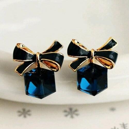 High Quality Shimmer Bow Knot Cubic Green Blue Crystal Earrings Rhinestone Stud Earrings For Women