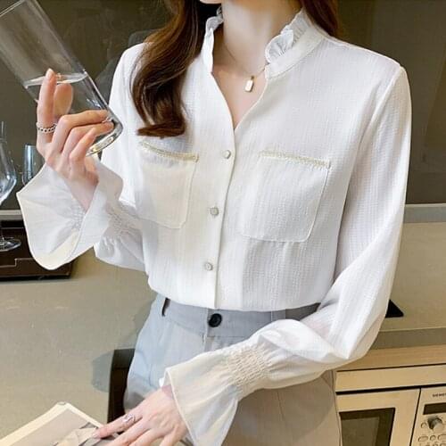 Women Chiffon White Blouse 2021 Spring Autumn Long Sleeve Woman V-neck Ladies Office Blouses Shirts Femme Elegant Blusas Clothes