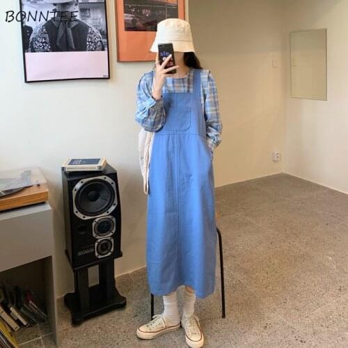 Women Sets Autumn Plaid O-neck Long Sleeve Shirts Cargo Loose Pockets Dress Vintage Ulzzang Preppy Korean Harajuku Streetwear