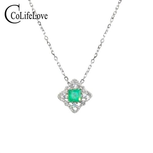 CoLife Jewelry Small Emerald Pendant for Daily Wear 3mm Real Emerald Necklace Pendant 925 Silver Emerald Jewelry Gift for Woman