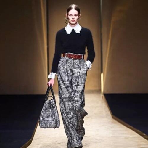 Designer Autumn New WomenS Sets White Shirt Black Pullover Blouse Plaid Casual Trousers Workplace Vintage Chic Three Piece Set