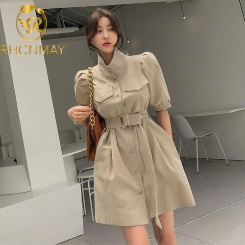 2021 New Single Breasted A-Line Vestidos Simple Work Wear Dress Womens Korean Lace-Up Office Casual Dresses Summer