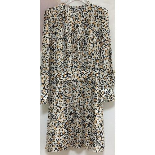 2020 AW Women Silk dress LEOPARD PRINT MINI DRESS O neck buttons Folds front Long Sleeves Buttoned Cuffs Ruffled