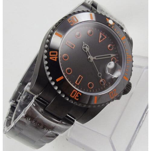 40MM Black Sterile Dial Sapphire Glass PVD Coated Ceramic Bezel Orange Number Date MIYOTA 8215 Movement Automatic Mens Watch