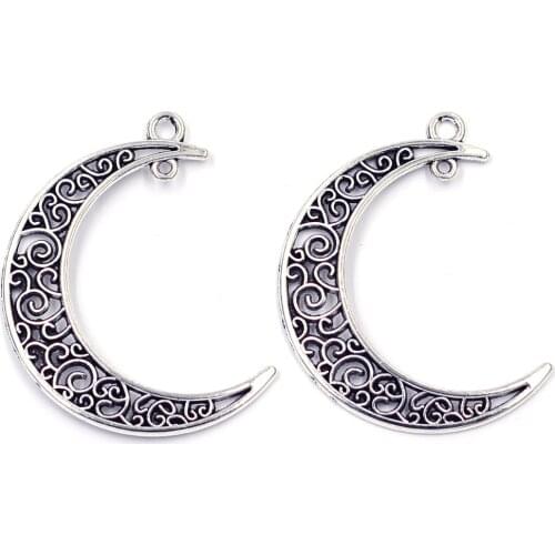 50Pcs Wholeslale Silver Tone Hollow Moon Crescent Charms Connectors Lune Pendants Jewelry Making 40x30mm