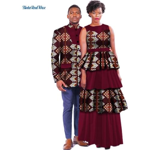 African Print Dresses for Women 2021 Bazin Riche Mens Top Coat Suits Couple Clothing Dashiki Africa Lovers Couple Clothes WYQ65