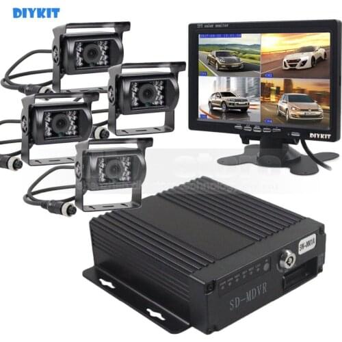 DIYKIT SD 4CH Car DVR Video Recorder 7inch HD Car Monitor + 4 x Night Vision Rear View Camera For Truck Van Bus