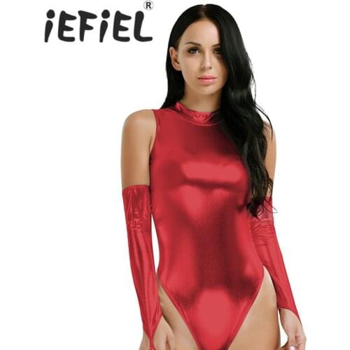 IEFiEL Women Lingerie Wetlook PU Leather High Cut Sleeveless Clubwear Thong Leotard Bodysuit Underwear Erotic Teddies Nightwear