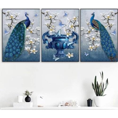 Illustration Style Peacock Animal Picture Canvas Painting Living Room Bedroom Wall Art Interior Decoration Painting No Frame
