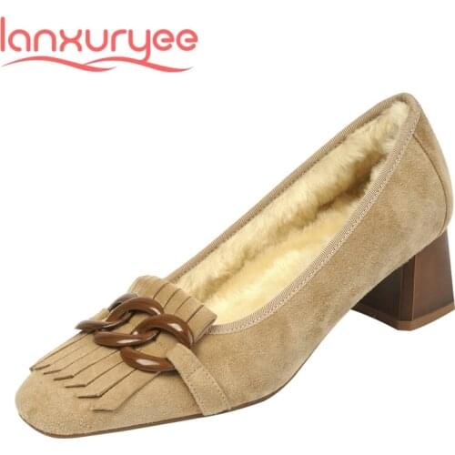 Lanxuryee winter new shoes sheep suede wool chain decorations square toe med heel slip on keep warm young girls women pumps L25