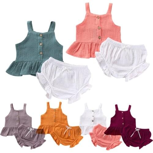 Baby Summer Clothing Infant Kids Baby Girl Cotton Linen 2Pcs Set Outfits Shirt Dress Tops PP Shorts Bottoms Solid Sunsuit