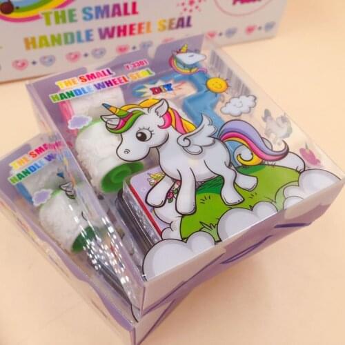 Cute Unicorn Handle Wheel Roller Stamp with Inkpad Diary DIY Stamp Stationery Set Kids Student Prize Promotional Gift School