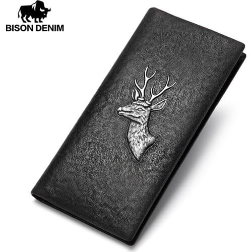 BISON DENIM fashion men wallets long slim bifold 3D printed credit card holder purse