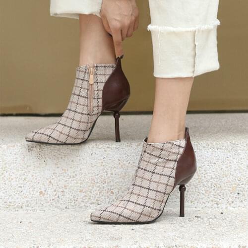 Fashion Womens Ankle Boots Pu Leather Brown Blue Short Boots Female Shoes Pointed Thin High Heels Boots Party Shoes for Women