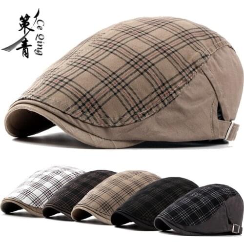 Washable cotton hat mens spring summer outdoor leisure hat forward hat British check Beret womens large thin