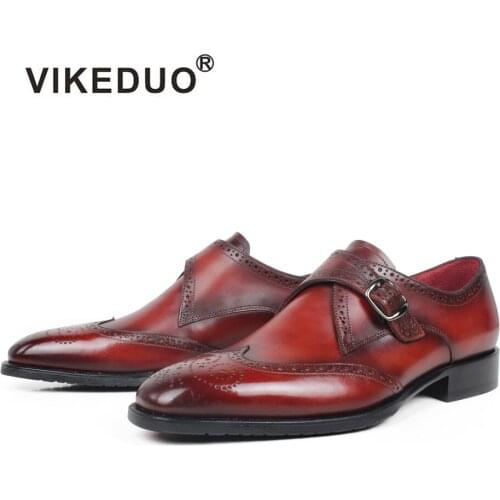 VIKEDUO Red Full Brogues Mens Leather Shoes Genuine Leather Square Handmade Shoe Wedding Office Footwear Mans Monk Shoe Zapato