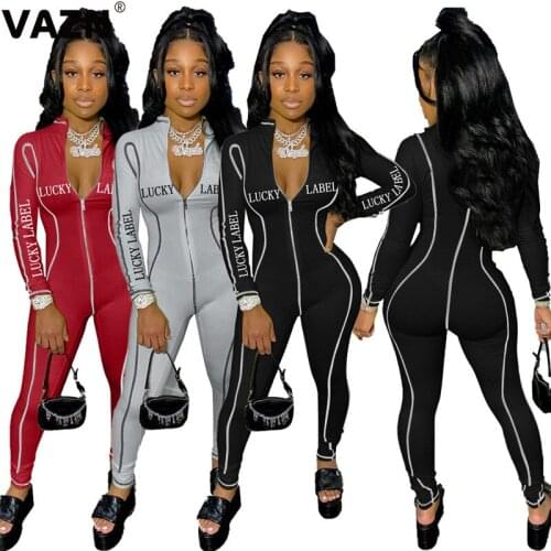 VAZN New 2020 lucky label Striped Print V-neck Women Bandage Full Sleeve Sport Party Beach Jumpsuits Full Pant Bandage Rompers