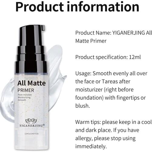 YIGANERJING New All Matte Primer Pore Invisible Moisturizing Hydrating Oil Control Base Makeup Primer 12ml