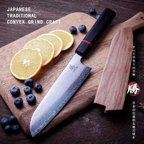 KATSU 7 inch Chef Knives Sharp Kitchen Santoku Knife Damascus Steel Japanese Kitchen Knives With Octagonal Ebony Wood Handle