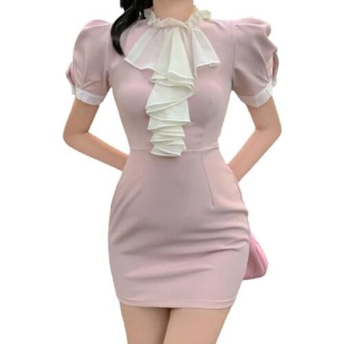 PERHAPS U Women Vintage Cascading Ruffled Stand Collar Mesh Spliced Pleated Folds Puff Sleeve Bodycon Skinny Short Dress D3069