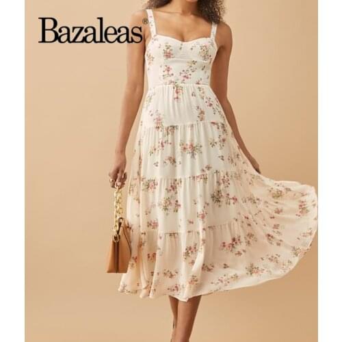 Bazaleas summer holiday cream flora Print dress women Mesh women dresses