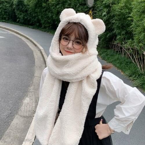 H7736 Bear Ear Beanie Hat Female Autumn Winter Warm Ear Neck Protection Thickened Cap Sweet Lovely Plush Korean Thermal Hats