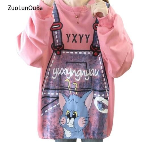 ZuoLunOuBa Spring Autumn Thin Style Women Hoody Korean Loose Print Cartoon Blue Lovely Cat Sweatshirt Long Sleeve Pullover Femal