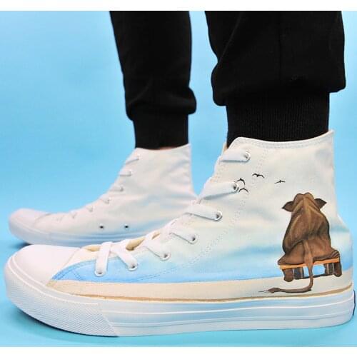 Wen Hand Painted Original Shoes Design Elephant Sitting on the Bench High Top Canvas Sneakers Female Skateboarding Shoes Male