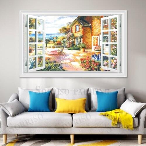 Villa House Countryside Scenery Wall Art Pretend Window Design Canvas Painting Posters Picture Prints Home Living Room Decor