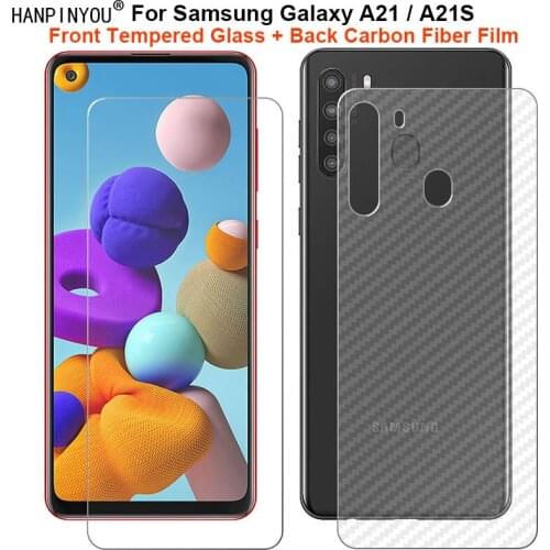 For Samsung Galaxy A21 / A21S 6.5" 1 Set = Soft Back Carbon Fiber Film + Ultra Thin Clear Tempered Glass Front Screen Protector