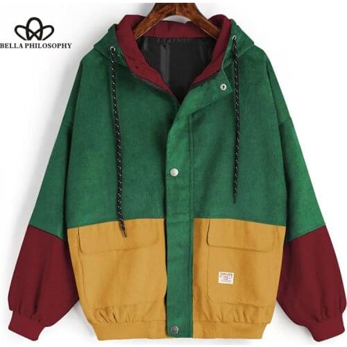Bella Philosophy 2018 Autumn color block Long Sleeve Corduroy Women Jacket Patchwork Pocket women Jacket plus size female coat